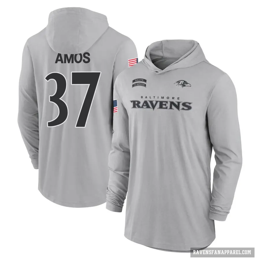 Men's ＃37 Jaquan Amos Baltimore Ravens Gray 2024 Salute to Service Lightweight Performance Long Sleeve Hooded T-Shirt