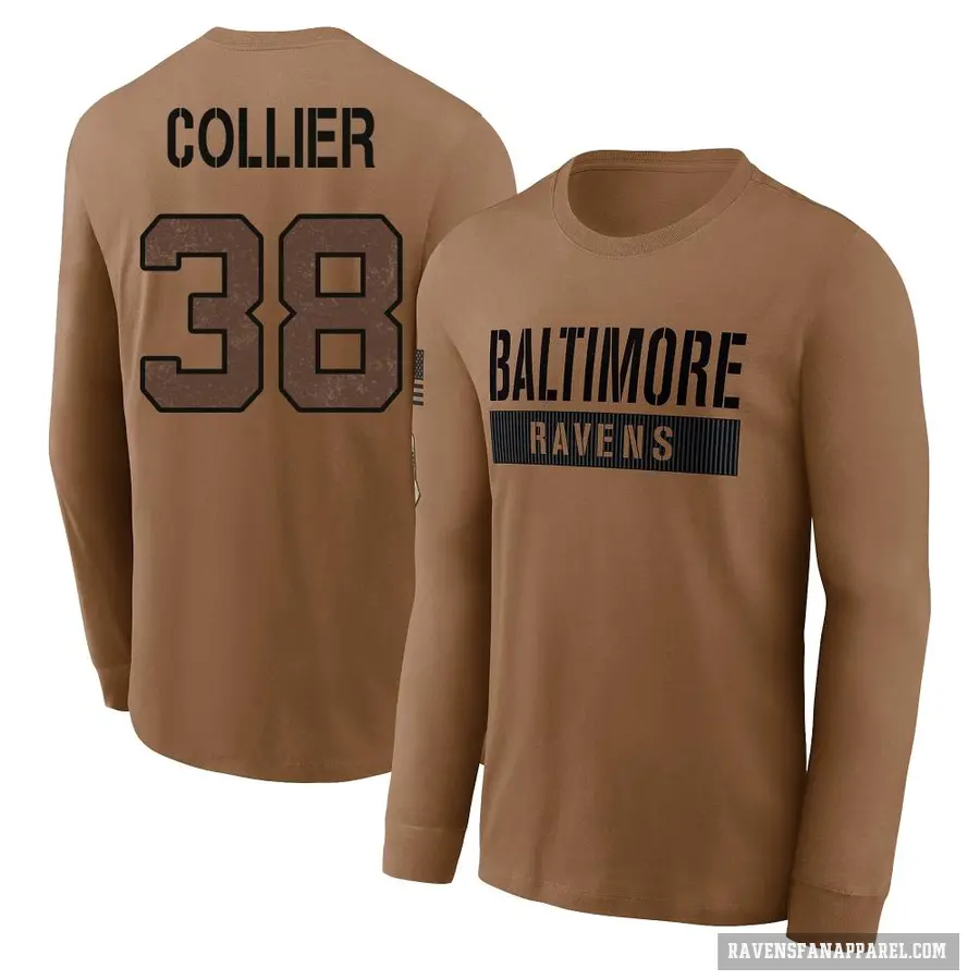 Men's ＃38 Chris Collier Baltimore Ravens Brown / 2023 Salute To Service Long Sleeve T-Shirt