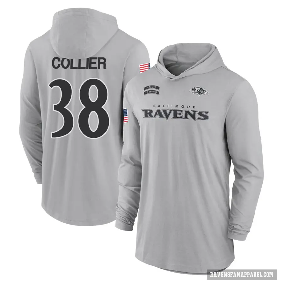 Men's ＃38 Chris Collier Baltimore Ravens Gray 2024 Salute to Service Lightweight Performance Long Sleeve Hooded T-Shirt