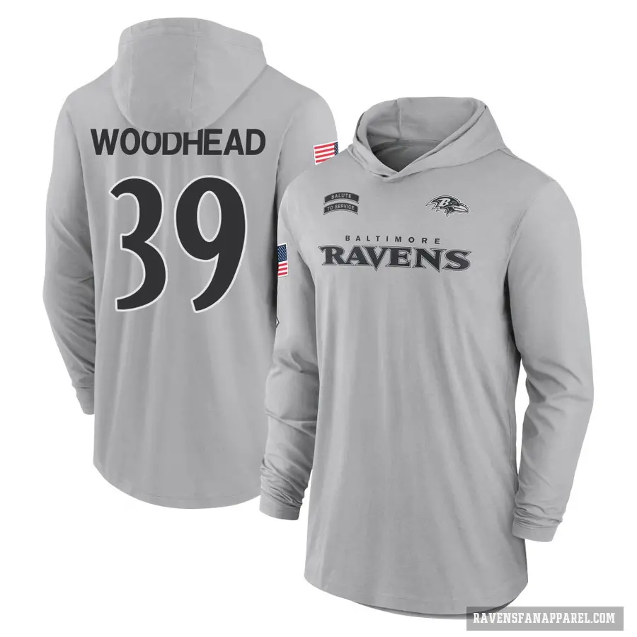 Men's ＃39 Danny Woodhead Baltimore Ravens Gray 2024 Salute to Service Lightweight Performance Long Sleeve Hooded T-Shirt