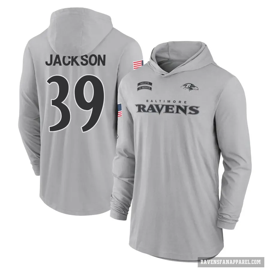 Men's ＃39 Eddie Jackson Baltimore Ravens Gray 2024 Salute to Service Lightweight Performance Long Sleeve Hooded T-Shirt