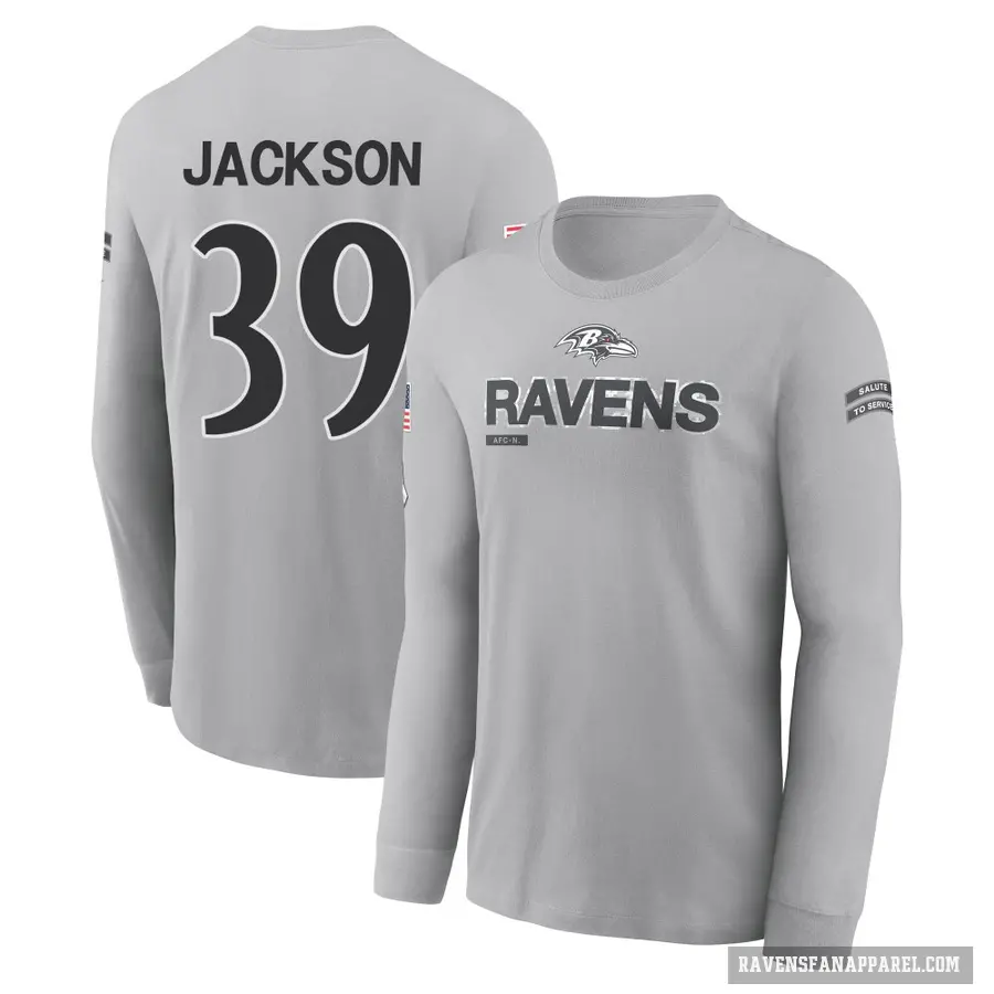 Men's ＃39 Eddie Jackson Baltimore Ravens Gray 2024 Salute to Service Long Sleeve T-Shirt