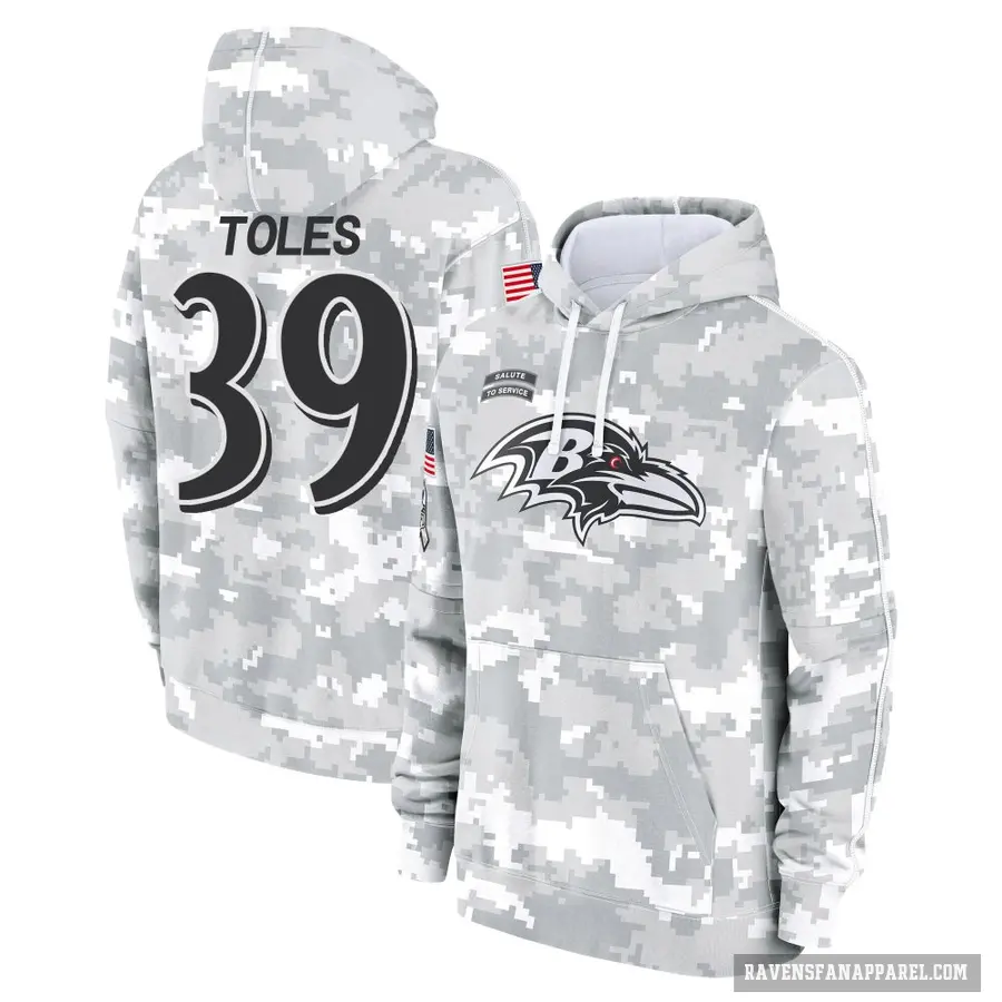 Men's ＃39 Jordan Toles Baltimore Ravens Arctic Camo 2024 Salute to Service Club Fleece Pullover Hoodie