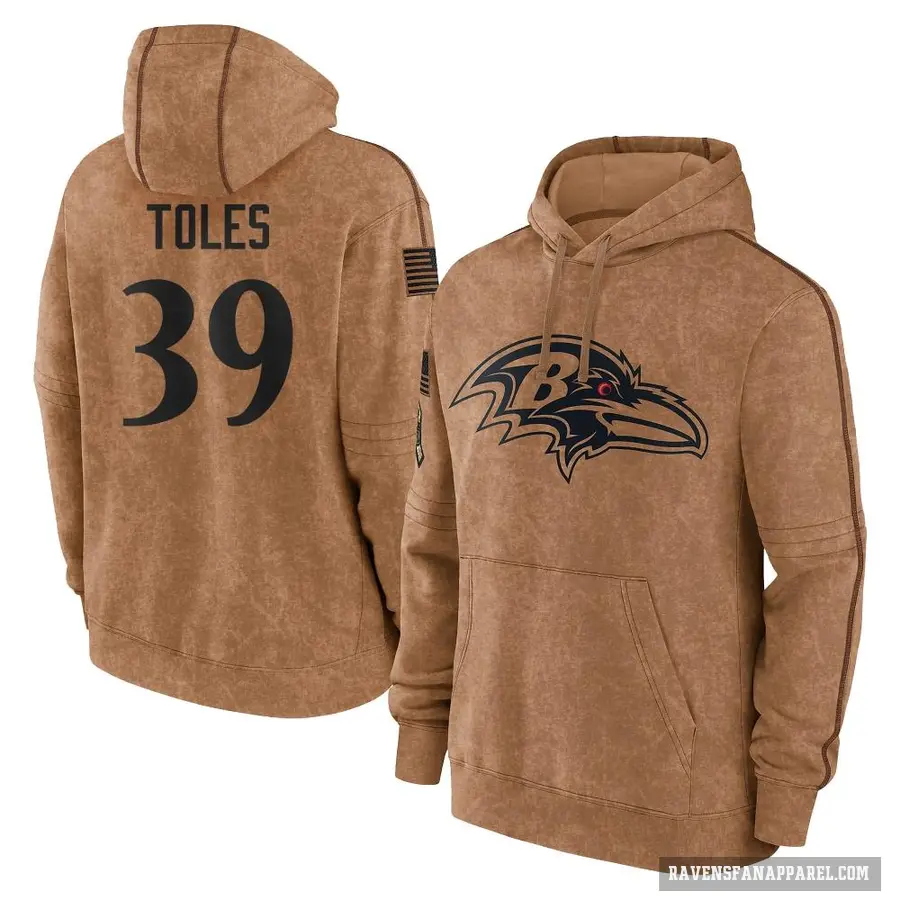 Men's ＃39 Jordan Toles Baltimore Ravens Brown 2023 Salute To Service Club Pullover Hoodie