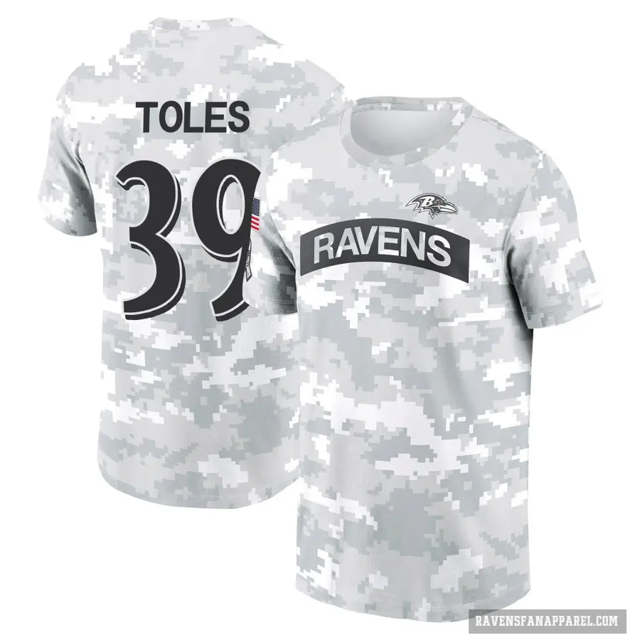 Men's ＃39 Jordan Toles Baltimore Ravens Camo Arctic 2024 Salute to Service Performance T-Shirt