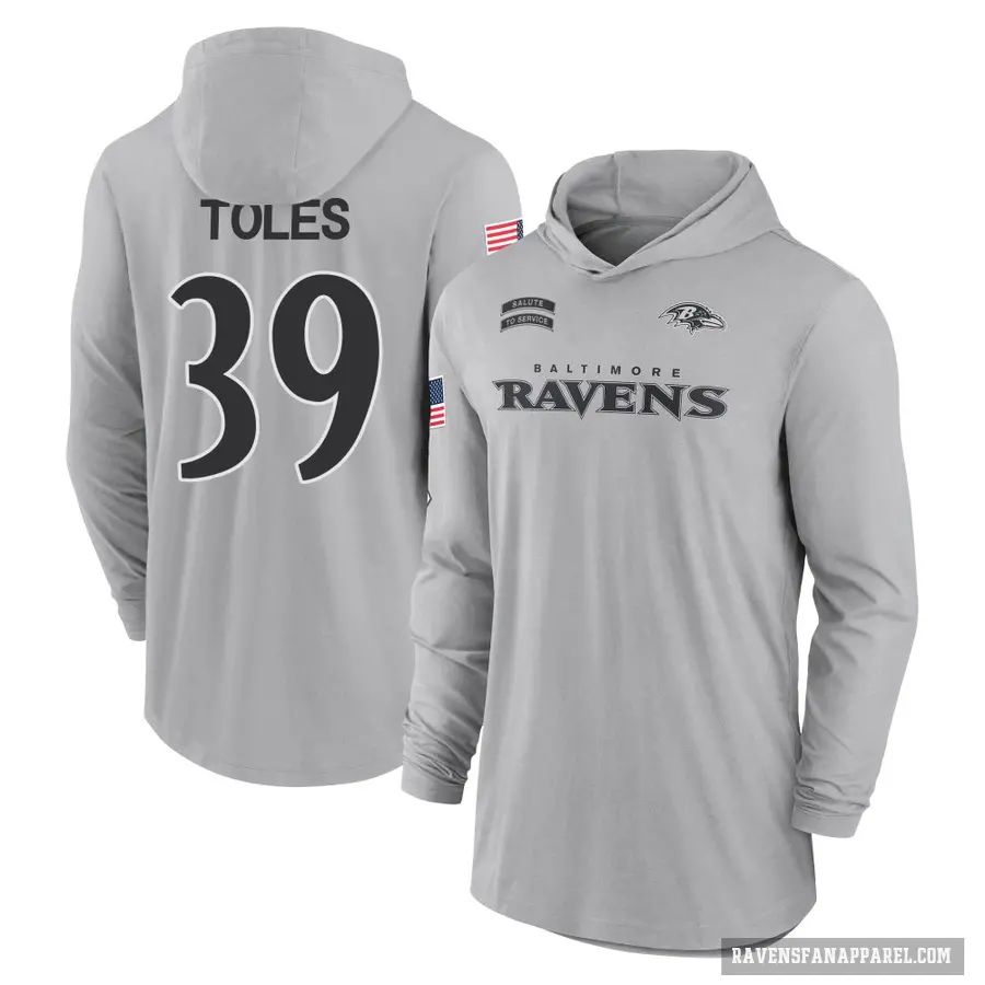 Men's ＃39 Jordan Toles Baltimore Ravens Gray 2024 Salute to Service Lightweight Performance Long Sleeve Hooded T-Shirt