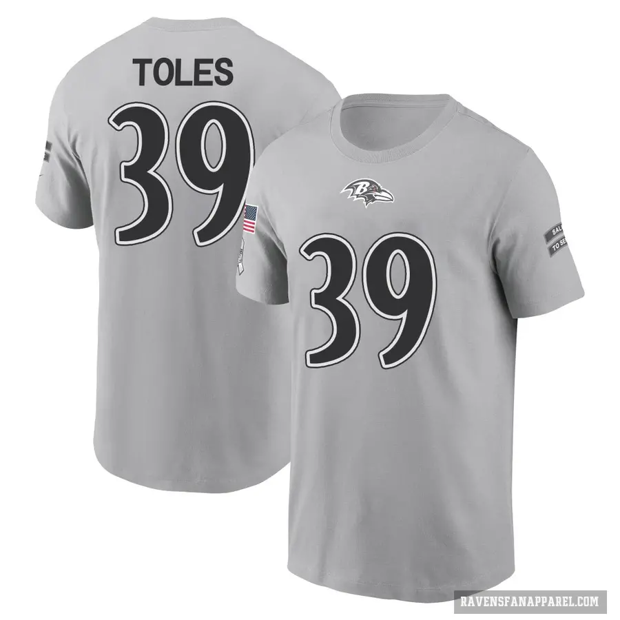 Men's ＃39 Jordan Toles Baltimore Ravens Gray 2024 Salute to Service T-Shirt