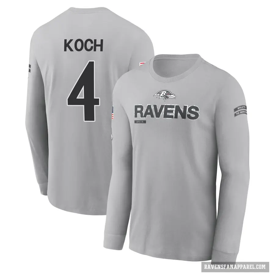 Men's ＃4 Sam Koch Baltimore Ravens Gray 2024 Salute to Service Long Sleeve T-Shirt