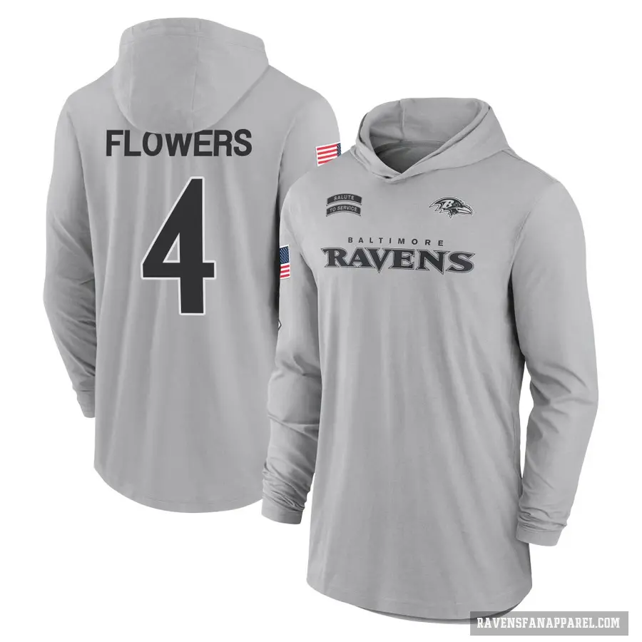 Men's ＃4 Zay Flowers Baltimore Ravens Gray 2024 Salute to Service Lightweight Performance Long Sleeve Hooded T-Shirt