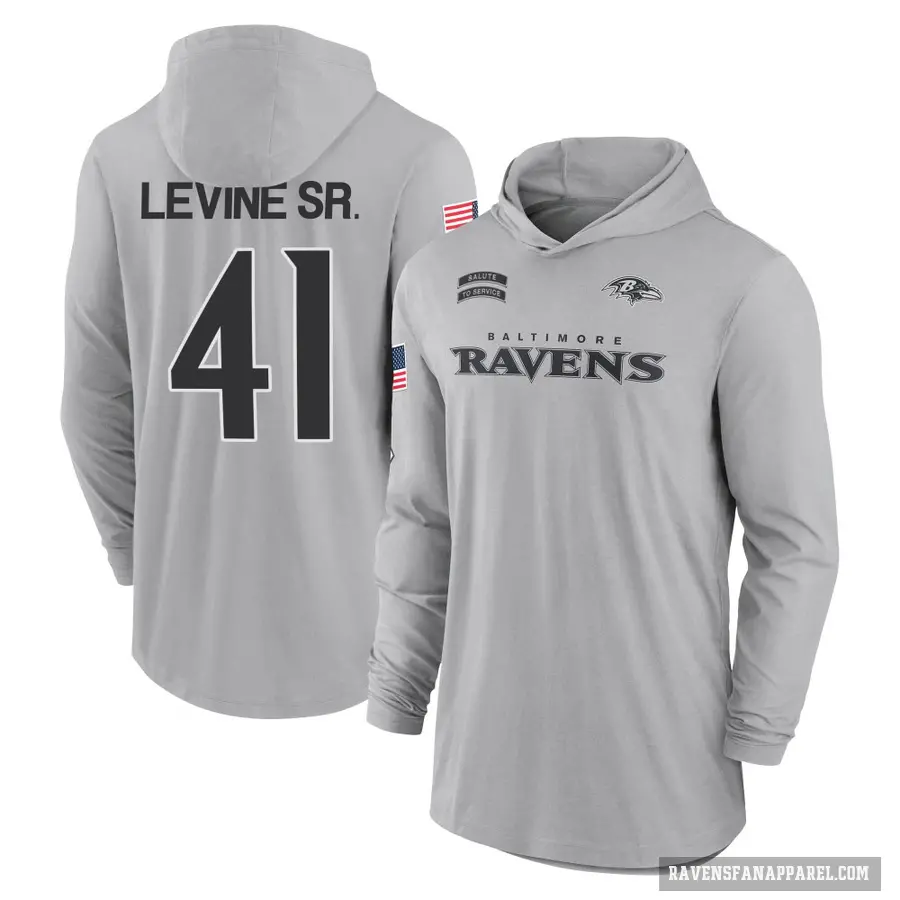 Men's ＃41 Anthony Levine Sr. Baltimore Ravens Gray 2024 Salute to Service Lightweight Performance Long Sleeve Hooded T-Shirt