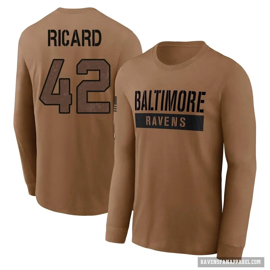 Men's ＃42 Patrick Ricard Baltimore Ravens Brown / 2023 Salute To Service Long Sleeve T-Shirt