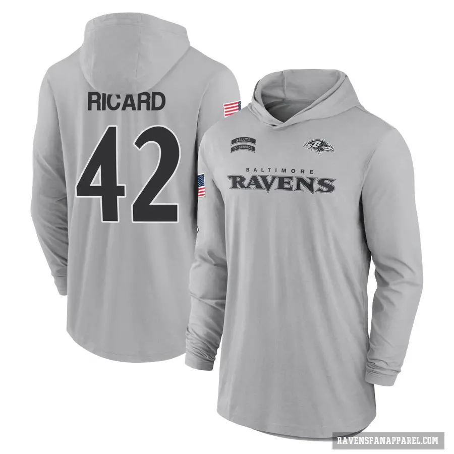 Men's ＃42 Patrick Ricard Baltimore Ravens Gray 2024 Salute to Service Lightweight Performance Long Sleeve Hooded T-Shirt