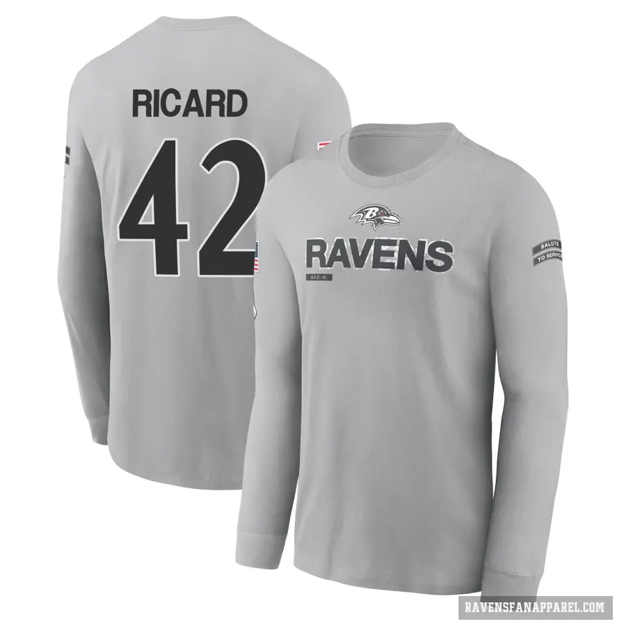 Men's ＃42 Patrick Ricard Baltimore Ravens Gray 2024 Salute to Service Long Sleeve T-Shirt