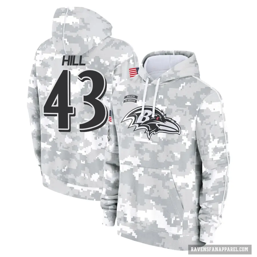 Men's ＃43 Justice Hill Baltimore Ravens Arctic Camo 2024 Salute to Service Club Fleece Pullover Hoodie