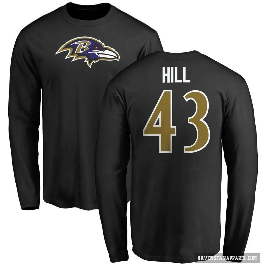 Men's ＃43 Justice Hill Baltimore Ravens Black Logo Long Sleeve T-Shirt