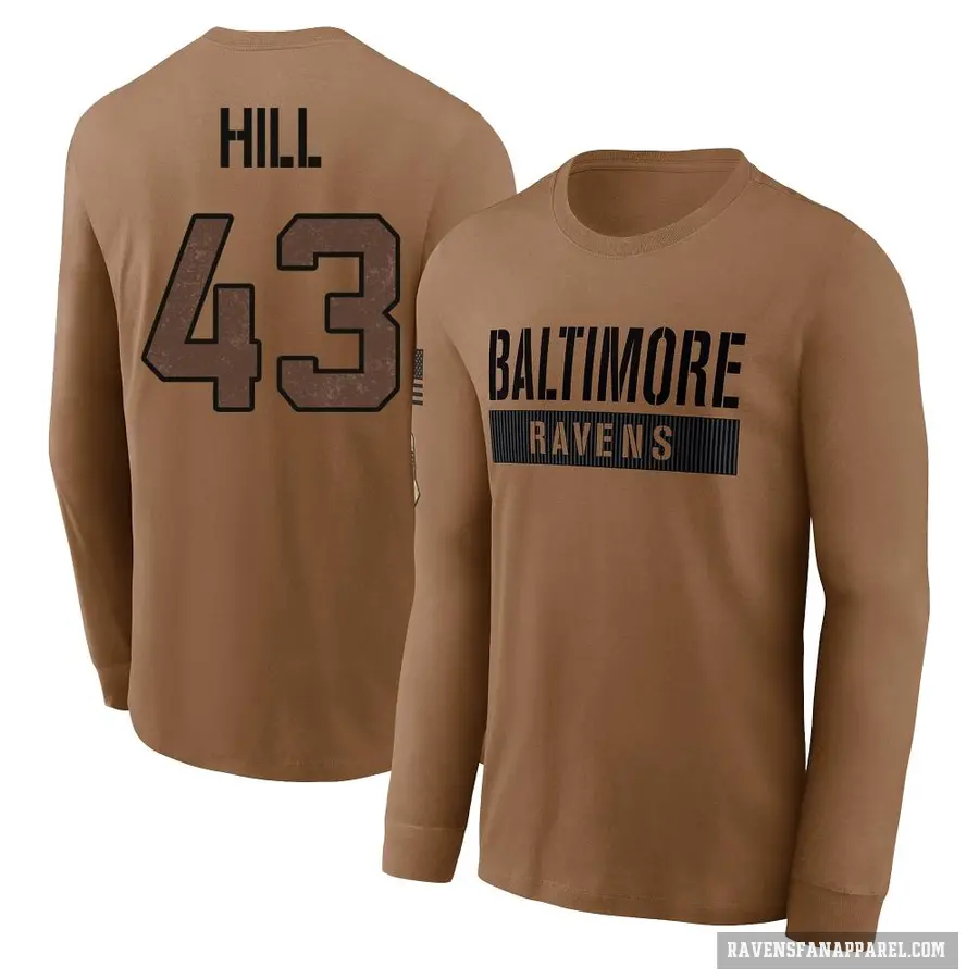 Men's ＃43 Justice Hill Baltimore Ravens Brown / 2023 Salute To Service Long Sleeve T-Shirt