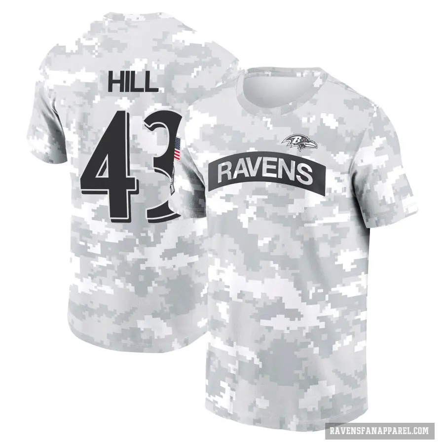 Men's ＃43 Justice Hill Baltimore Ravens Camo Arctic 2024 Salute to Service Performance T-Shirt