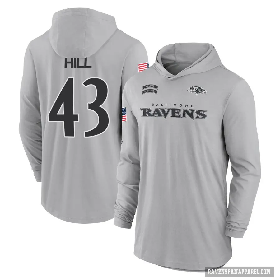 Men's ＃43 Justice Hill Baltimore Ravens Gray 2024 Salute to Service Lightweight Performance Long Sleeve Hooded T-Shirt