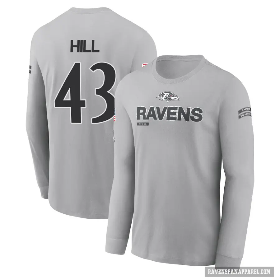 Men's ＃43 Justice Hill Baltimore Ravens Gray 2024 Salute to Service Long Sleeve T-Shirt