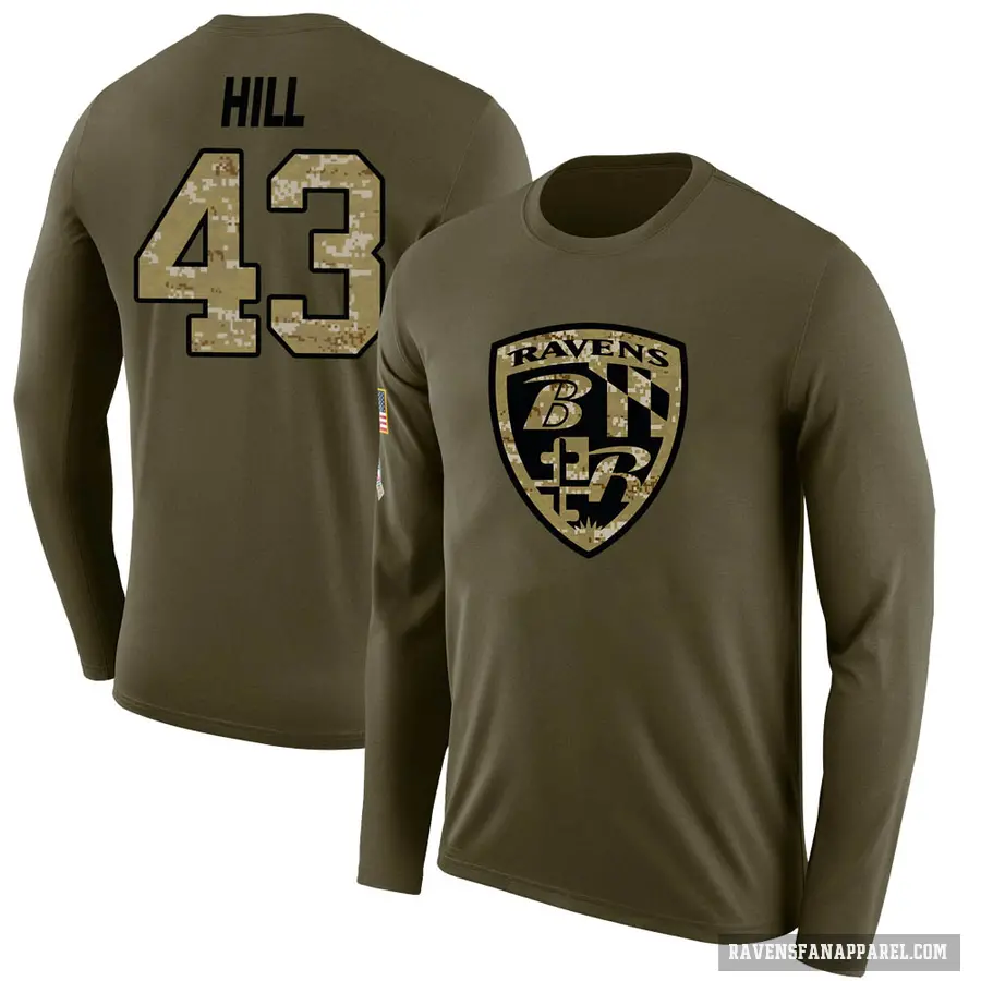 Men's ＃43 Justice Hill Baltimore Ravens Olive Salute to Service Sideline Long Sleeve T-Shirt