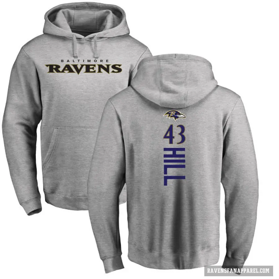 Men's ＃43 Justice Hill Baltimore Ravens Pro Line Ash Backer Pullover Hoodie