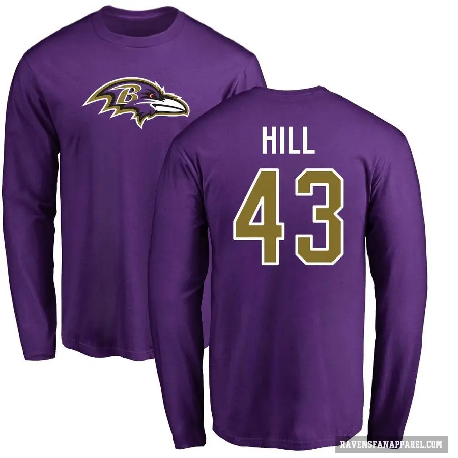 Men's ＃43 Justice Hill Baltimore Ravens Purple Logo Long Sleeve T-Shirt