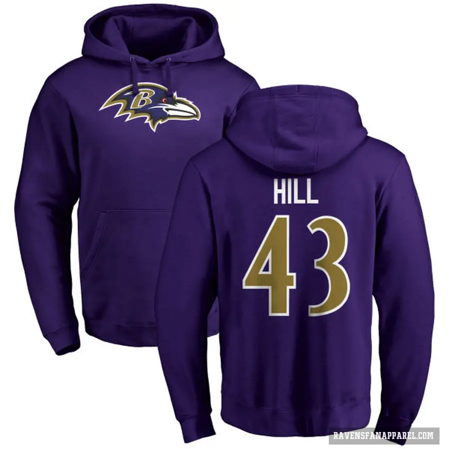 Men's ＃43 Justice Hill Baltimore Ravens Purple Pro Line by Branded Name & Number Logo Pullover Hoodie