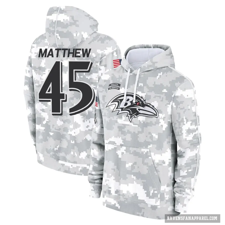 Men's ＃45 Christian Matthew Baltimore Ravens Arctic Camo 2024 Salute to Service Club Fleece Pullover Hoodie