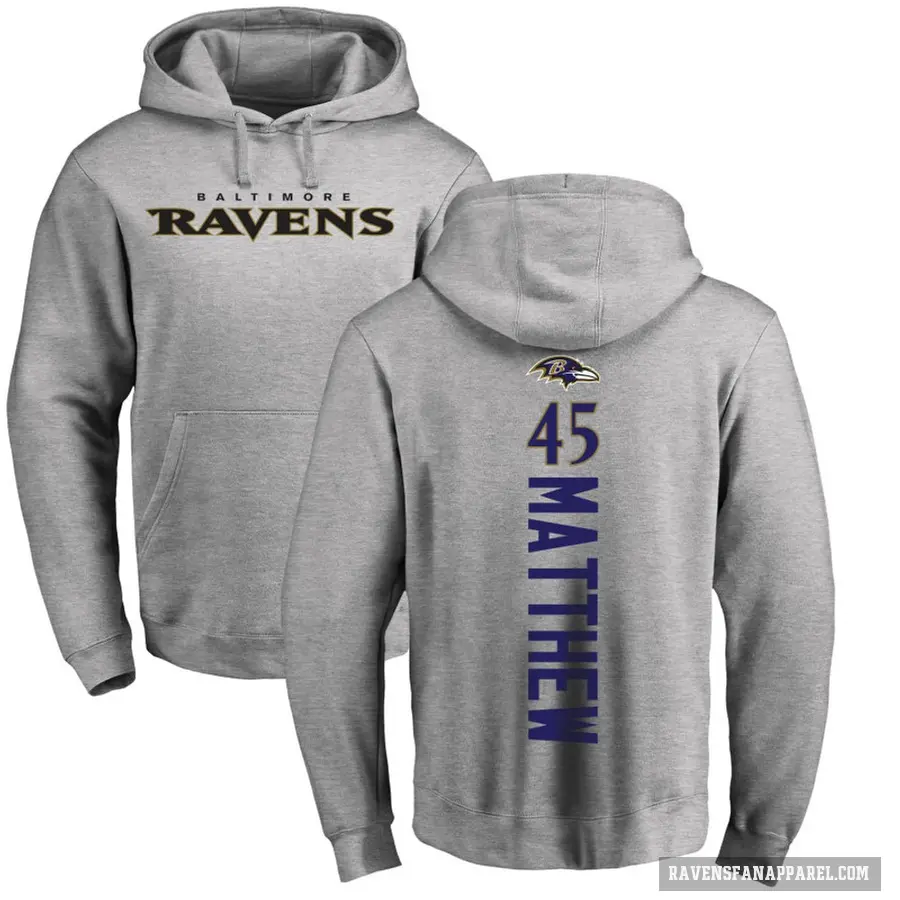 Men's ＃45 Christian Matthew Baltimore Ravens Pro Line Ash Backer Pullover Hoodie