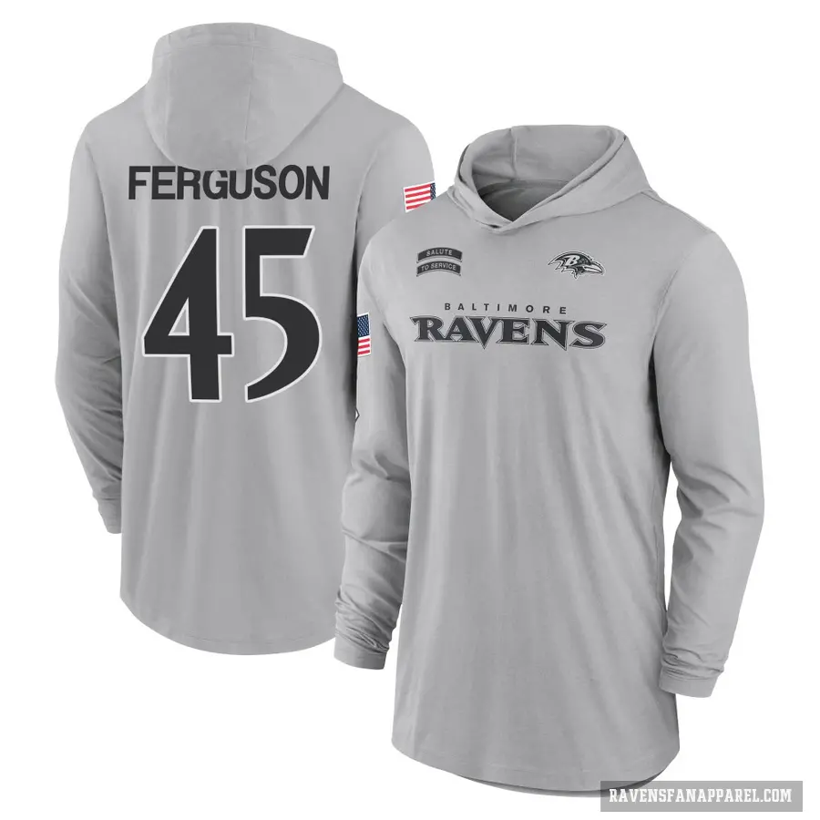 Men's ＃45 Jaylon Ferguson Baltimore Ravens Gray 2024 Salute to Service Lightweight Performance Long Sleeve Hooded T-Shirt