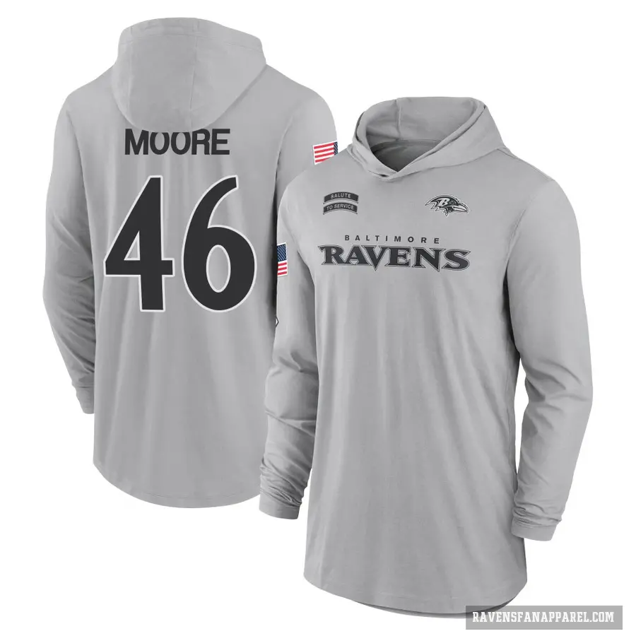 Men's ＃46 Nick Moore Baltimore Ravens Gray 2024 Salute to Service Lightweight Performance Long Sleeve Hooded T-Shirt