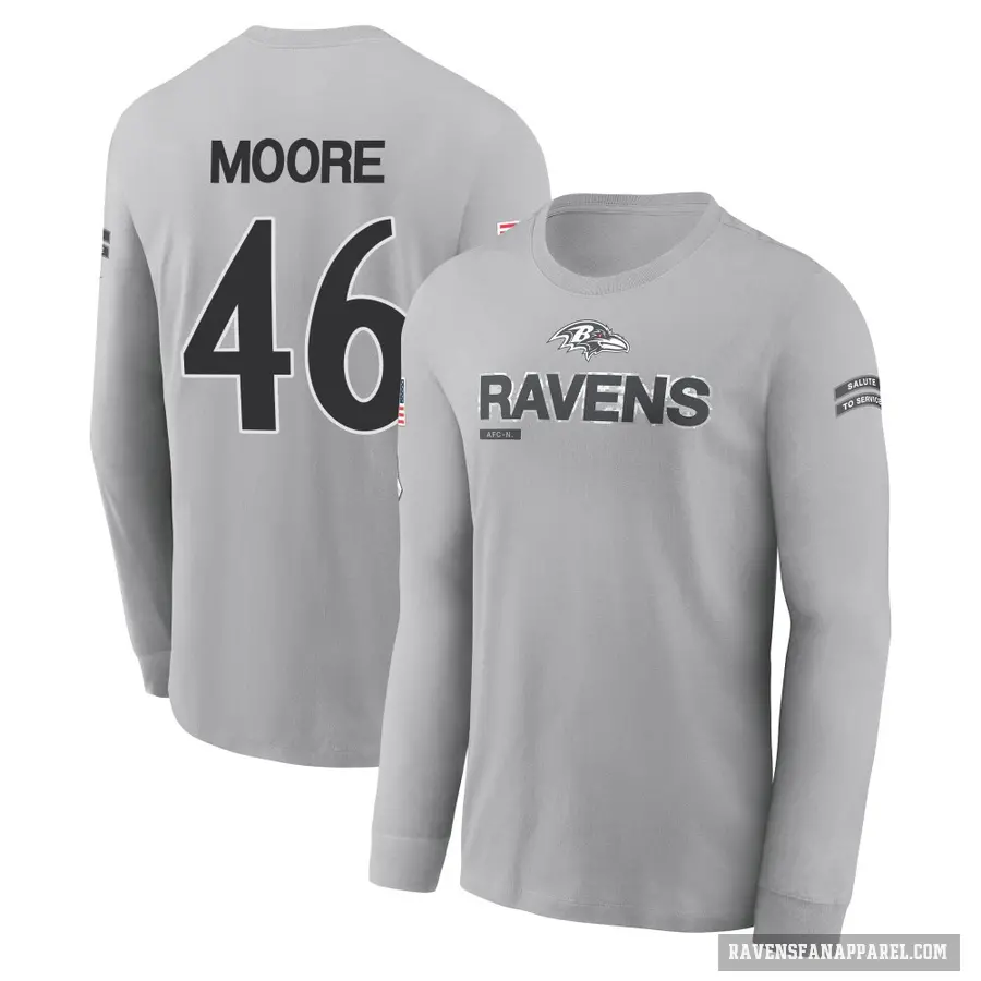 Men's ＃46 Nick Moore Baltimore Ravens Gray 2024 Salute to Service Long Sleeve T-Shirt