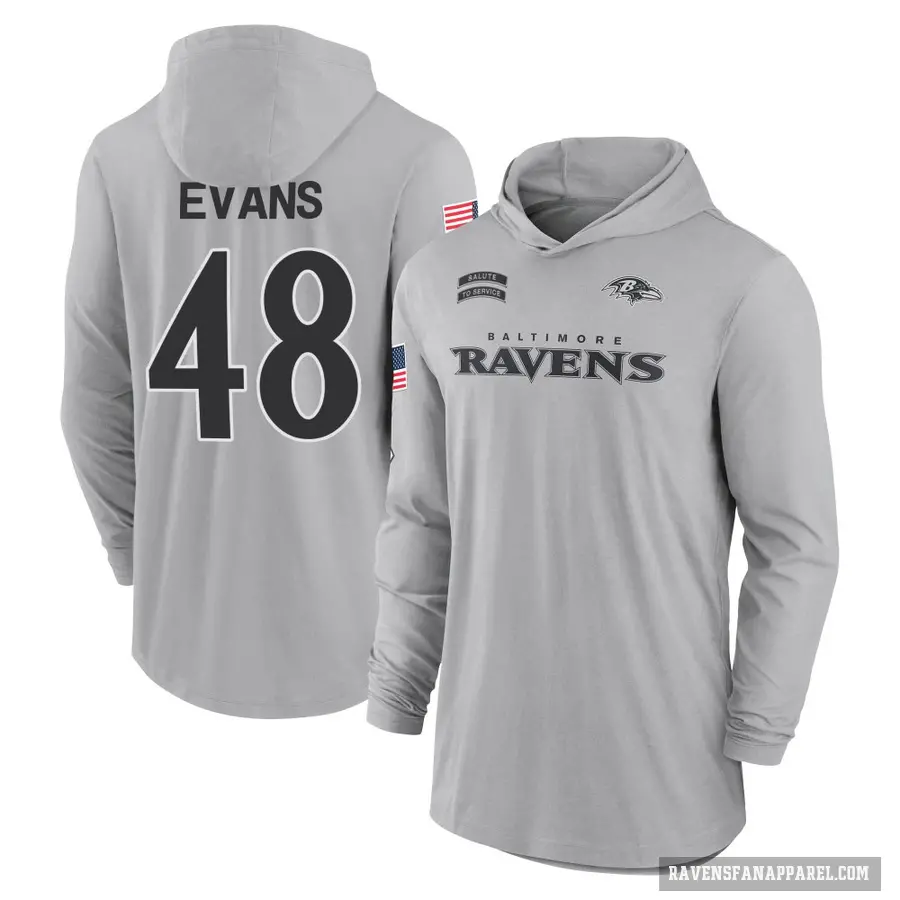 Men's ＃48 Joe Evans Baltimore Ravens Gray 2024 Salute to Service Lightweight Performance Long Sleeve Hooded T-Shirt