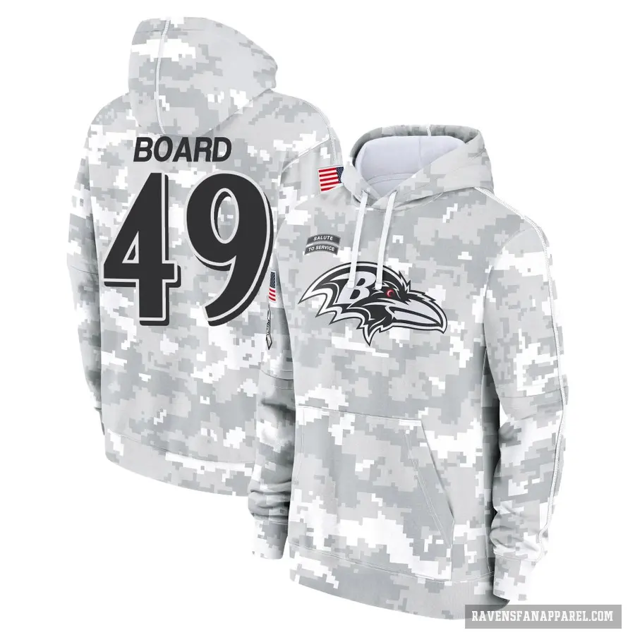 Men's ＃49 Chris Board Baltimore Ravens Arctic Camo 2024 Salute to Service Club Fleece Pullover Hoodie