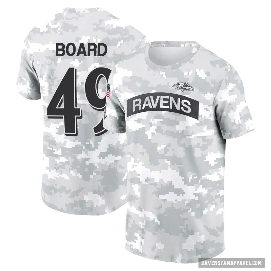 Men's ＃49 Chris Board Baltimore Ravens Camo Arctic 2024 Salute to Service Performance T-Shirt