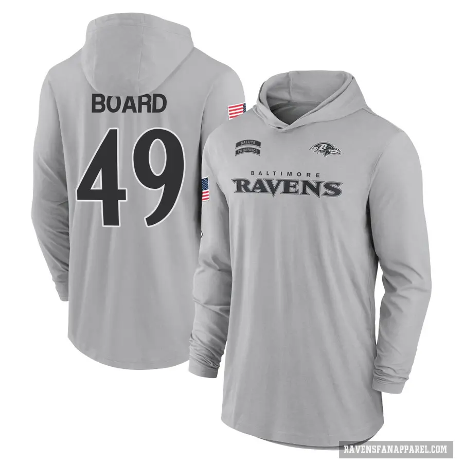 Men's ＃49 Chris Board Baltimore Ravens Gray 2024 Salute to Service Lightweight Performance Long Sleeve Hooded T-Shirt