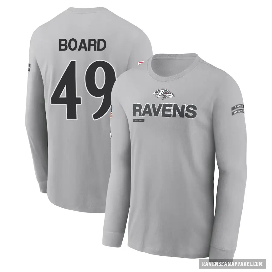 Men's ＃49 Chris Board Baltimore Ravens Gray 2024 Salute to Service Long Sleeve T-Shirt