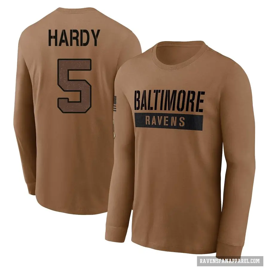 Men's ＃5 DeAngelo Hardy Baltimore Ravens Brown / 2023 Salute To Service Long Sleeve T-Shirt