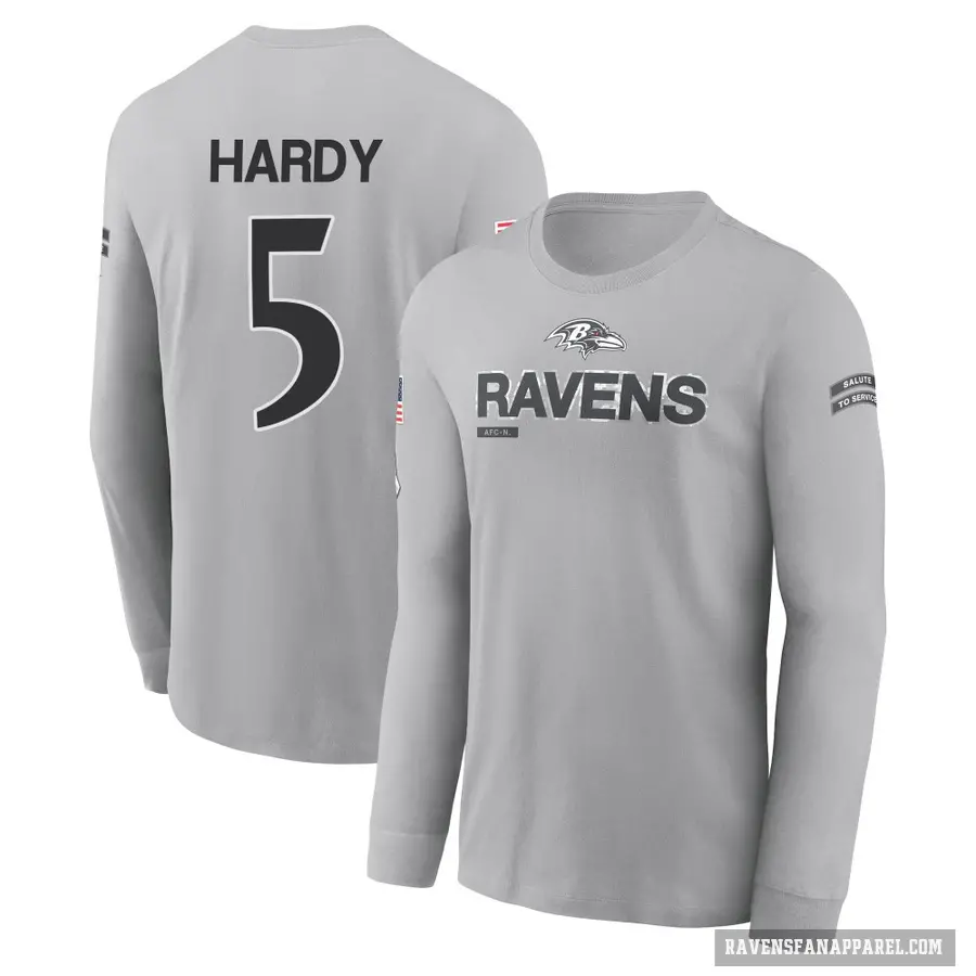 Men's ＃5 DeAngelo Hardy Baltimore Ravens Gray 2024 Salute to Service Long Sleeve T-Shirt