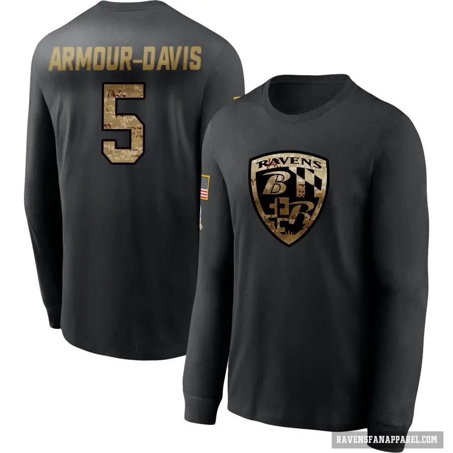 Men's ＃5 Jalyn Armour-Davis Baltimore Ravens Black 2020 Salute To Service Sideline Performance Long Sleeve T-Shirt