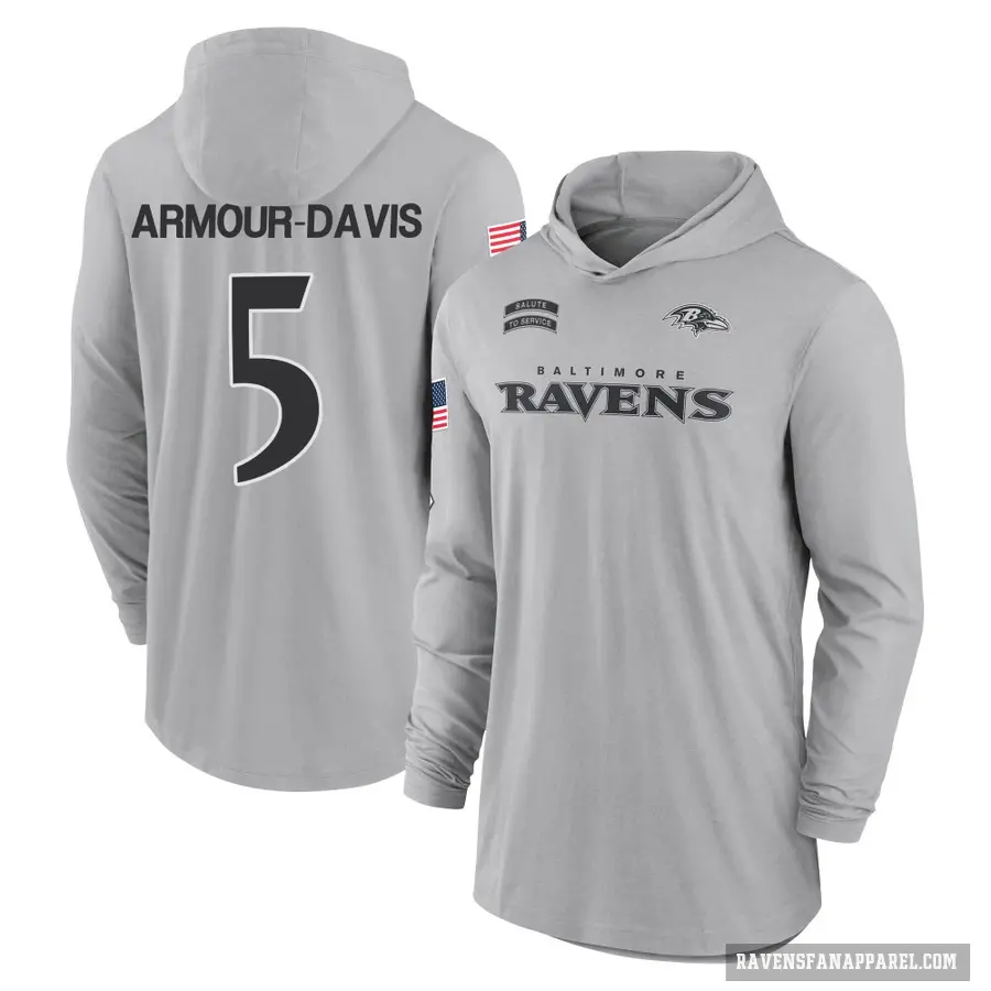 Men's ＃5 Jalyn Armour-Davis Baltimore Ravens Gray 2024 Salute to Service Lightweight Performance Long Sleeve Hooded T-Shirt