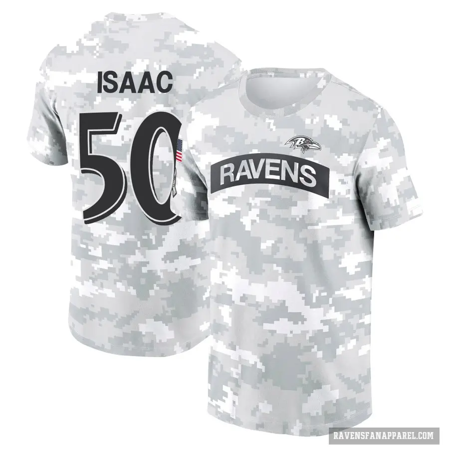 Men's ＃50 Adisa Isaac Baltimore Ravens Camo Arctic 2024 Salute to Service Performance T-Shirt