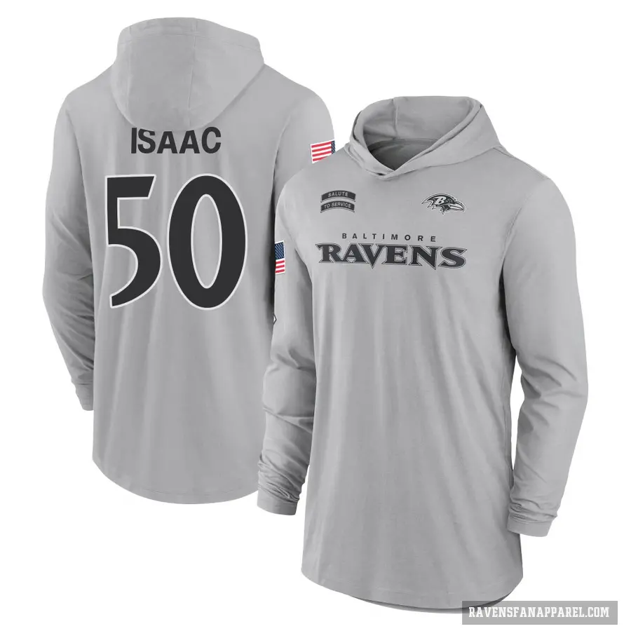 Men's ＃50 Adisa Isaac Baltimore Ravens Gray 2024 Salute to Service Lightweight Performance Long Sleeve Hooded T-Shirt