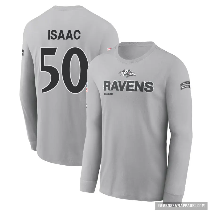 Men's ＃50 Adisa Isaac Baltimore Ravens Gray 2024 Salute to Service Long Sleeve T-Shirt