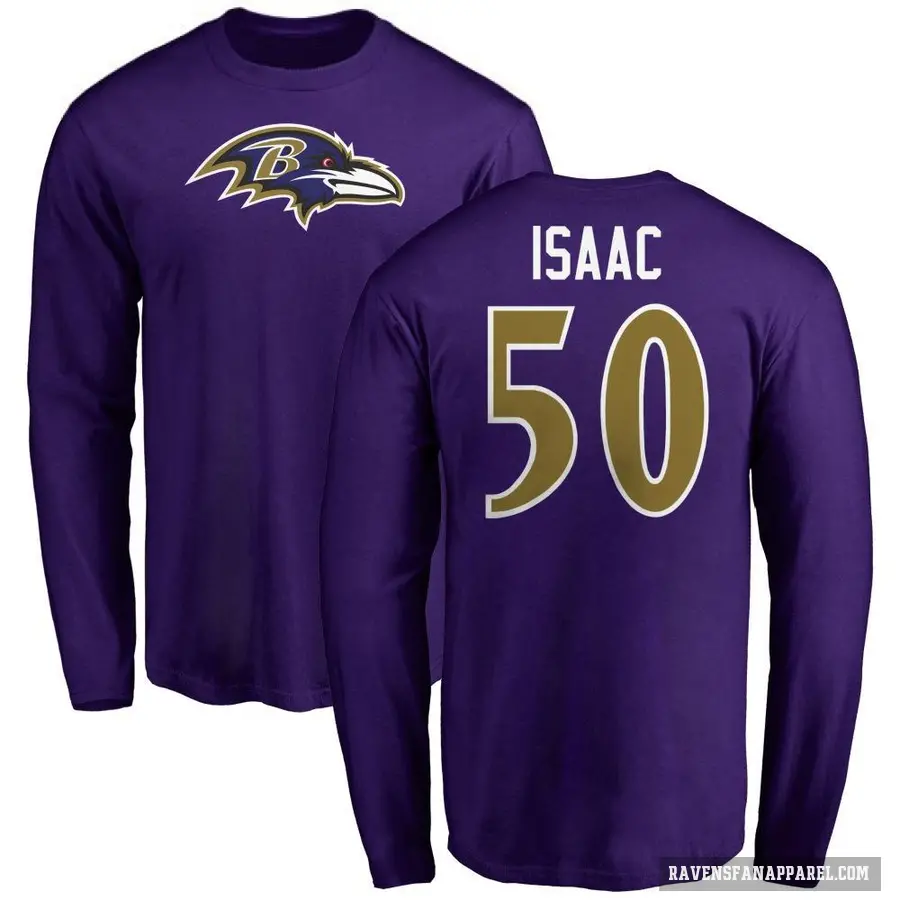 Men's ＃50 Adisa Isaac Baltimore Ravens Purple Logo Long Sleeve T-Shirt