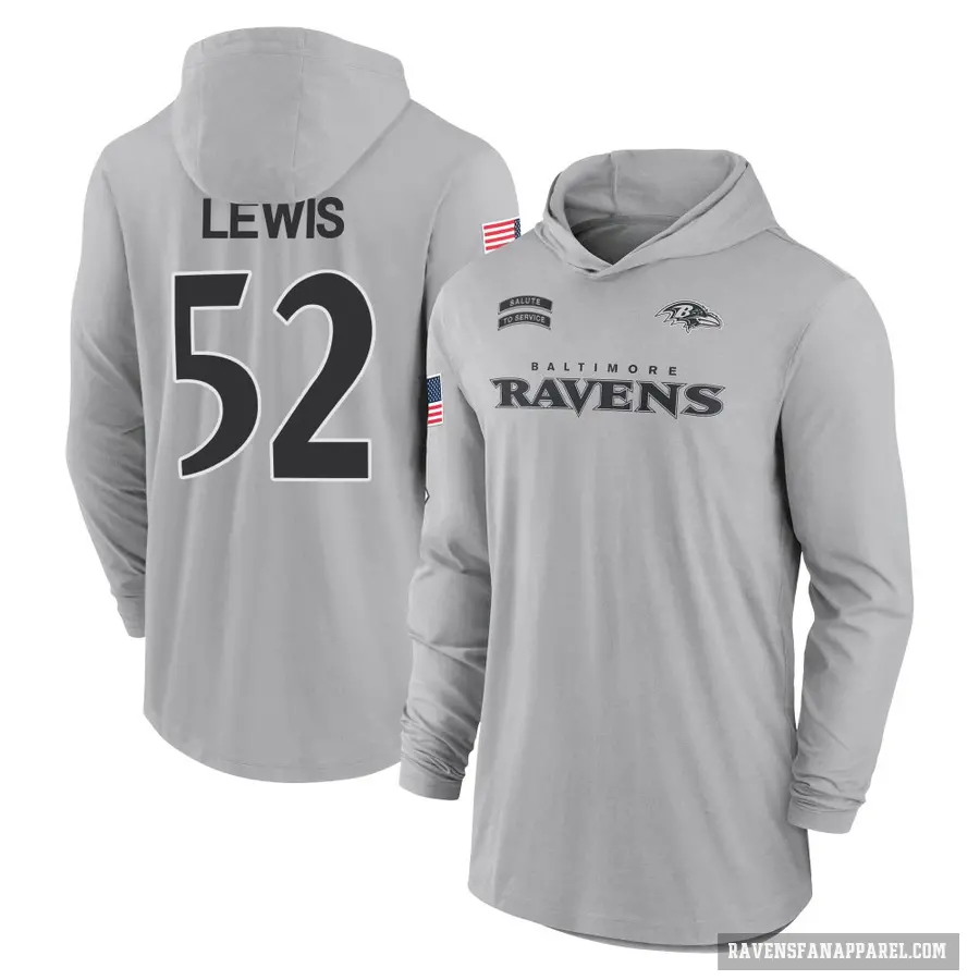 Men's ＃52 Ray Lewis Baltimore Ravens Gray 2024 Salute to Service Lightweight Performance Long Sleeve Hooded T-Shirt