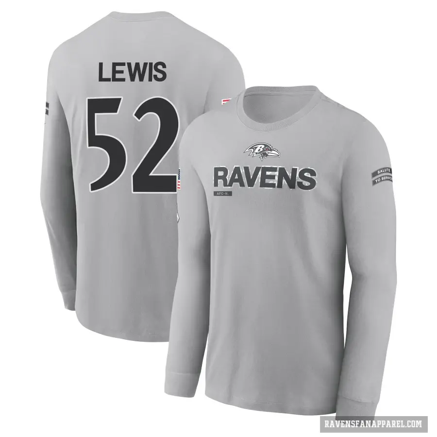 Men's ＃52 Ray Lewis Baltimore Ravens Gray 2024 Salute to Service Long Sleeve T-Shirt