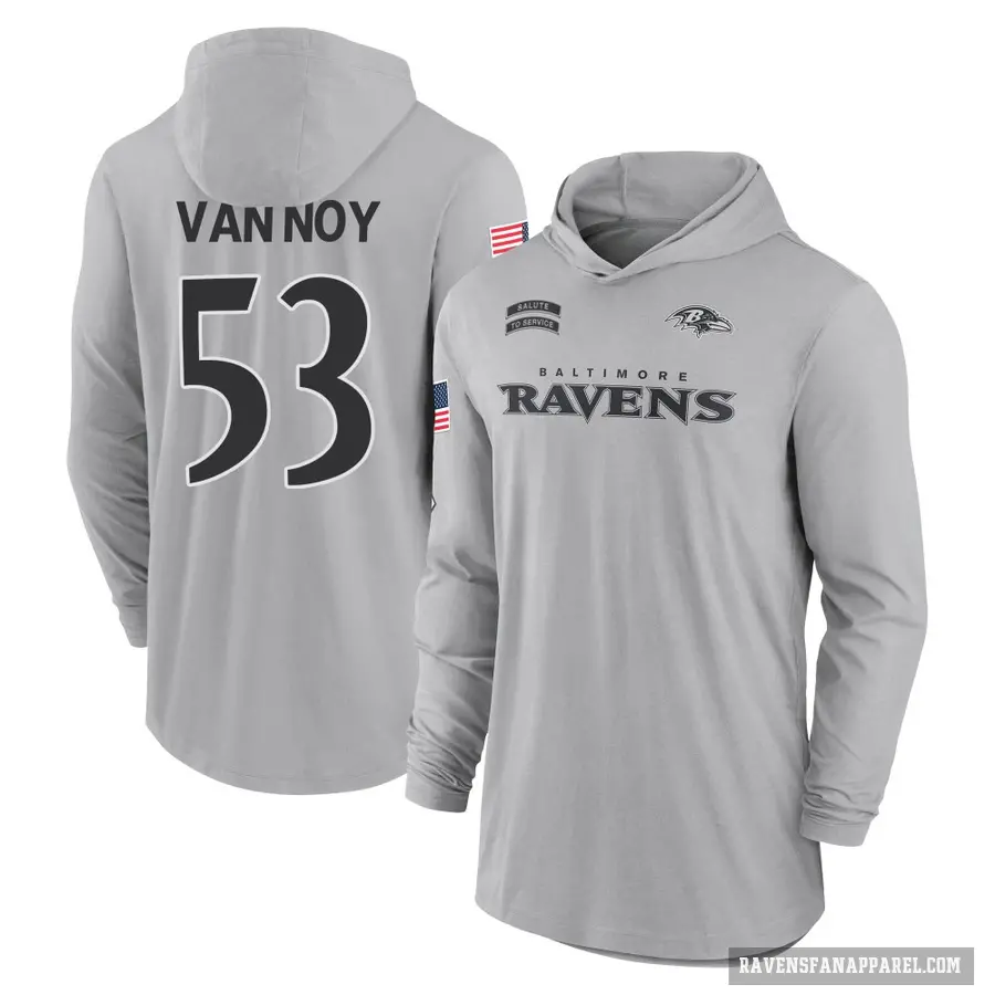 Men's ＃53 Kyle Van Noy Baltimore Ravens Gray 2024 Salute to Service Lightweight Performance Long Sleeve Hooded T-Shirt