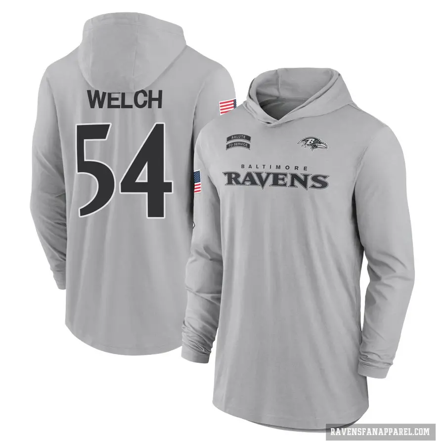 Men's ＃54 Kristian Welch Baltimore Ravens Gray 2024 Salute to Service Lightweight Performance Long Sleeve Hooded T-Shirt