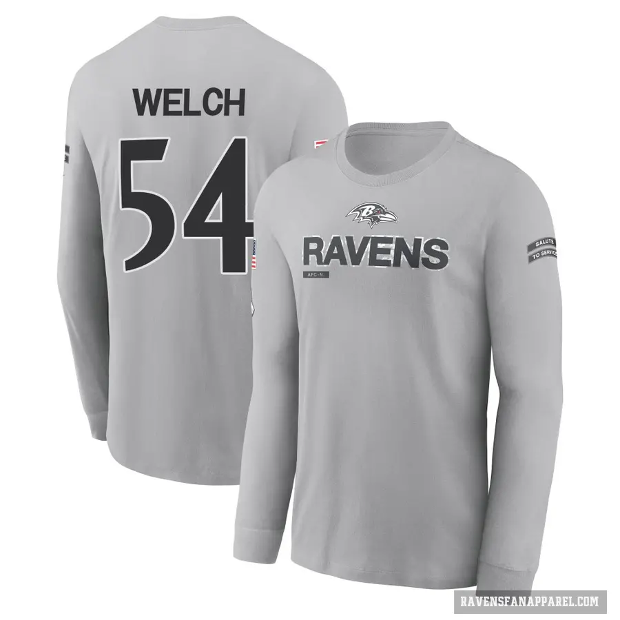 Men's ＃54 Kristian Welch Baltimore Ravens Gray 2024 Salute to Service Long Sleeve T-Shirt